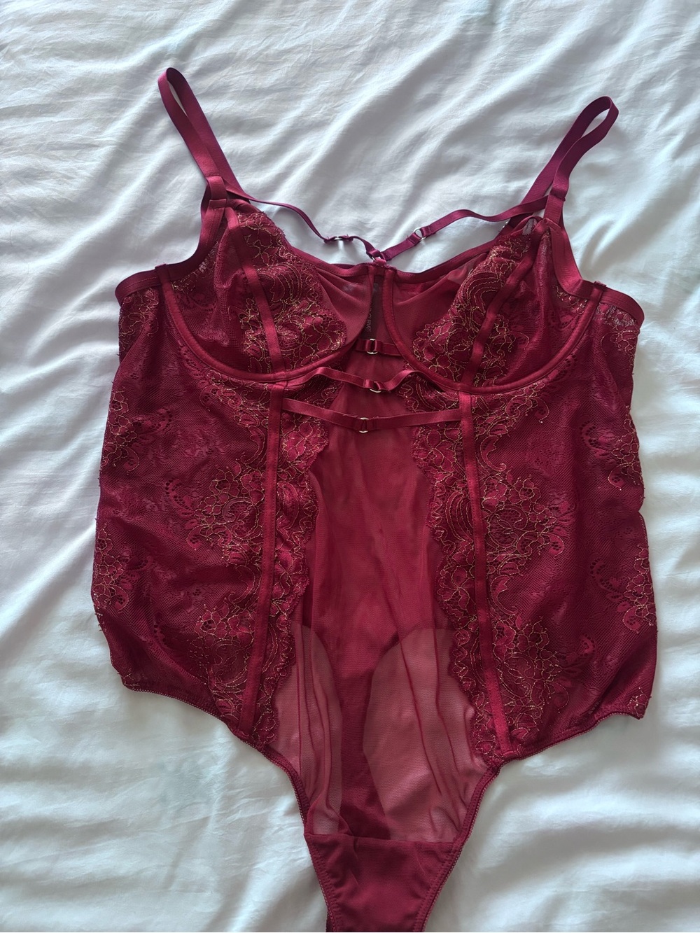 torrid Burgundy Lace Sheer Bodysuit with Strappy Detail